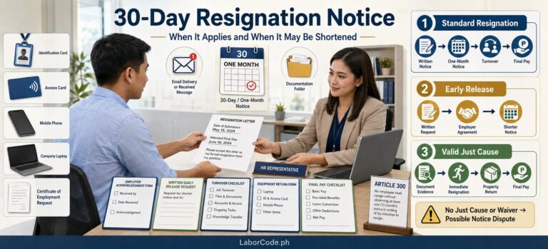 Two professionals discuss a 30-day resignation notice Philippines at a desk with documents and procedures displayed.