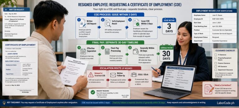 Two people discuss resignation timelines and a Certificate of Employment After Resignation Philippines at a desk.