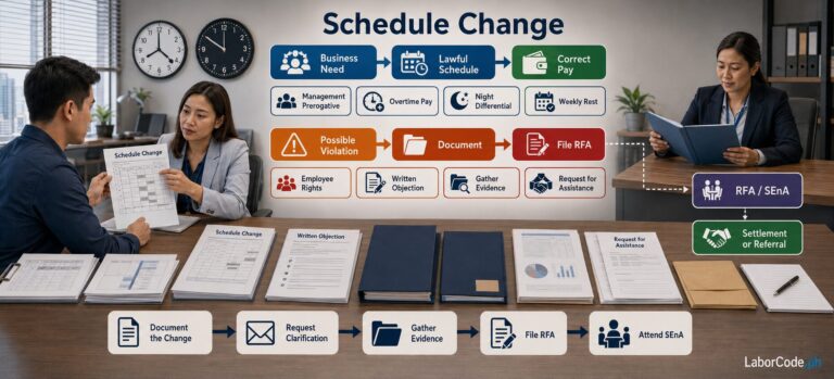 Two professionals discuss filing a DOLE complaint for unauthorized work schedule changes at an office desk.