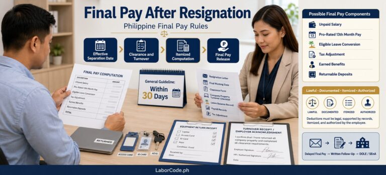 Two office workers review Final Pay Rules for Resigned Employees in the Philippines, documents and ID cards in hand.