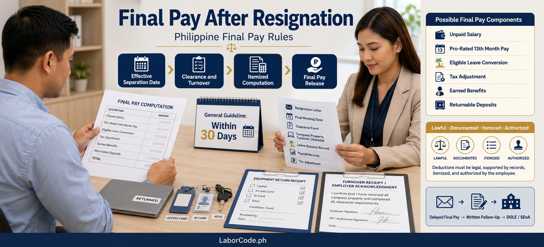 Two office workers review Final Pay Rules for Resigned Employees in the Philippines, documents and ID cards in hand.