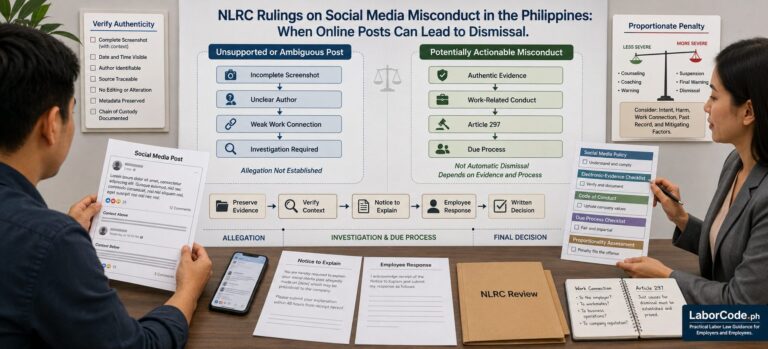 People at a desk review charts and documents on NLRC rulings about social media misconduct in the Philippines.