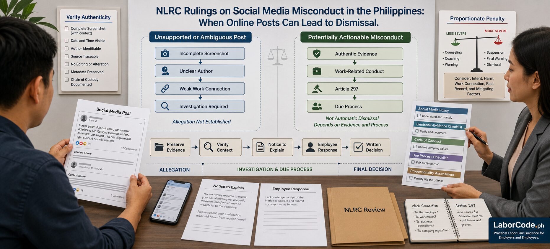 People at a desk review charts and documents on NLRC rulings about social media misconduct in the Philippines.