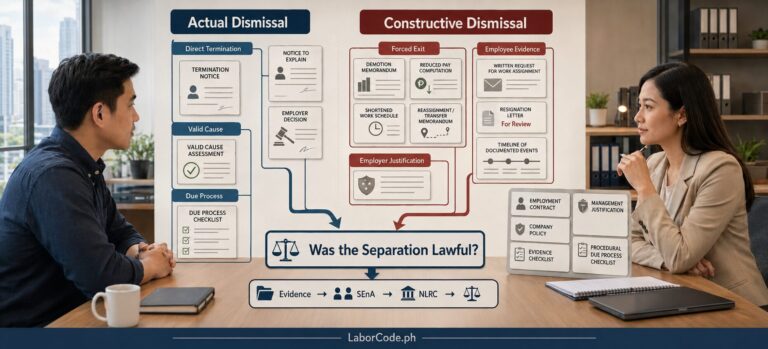 Two professionals discuss forced resignation Philippines at a desk with a flowchart on actual vs constructive dismissal.