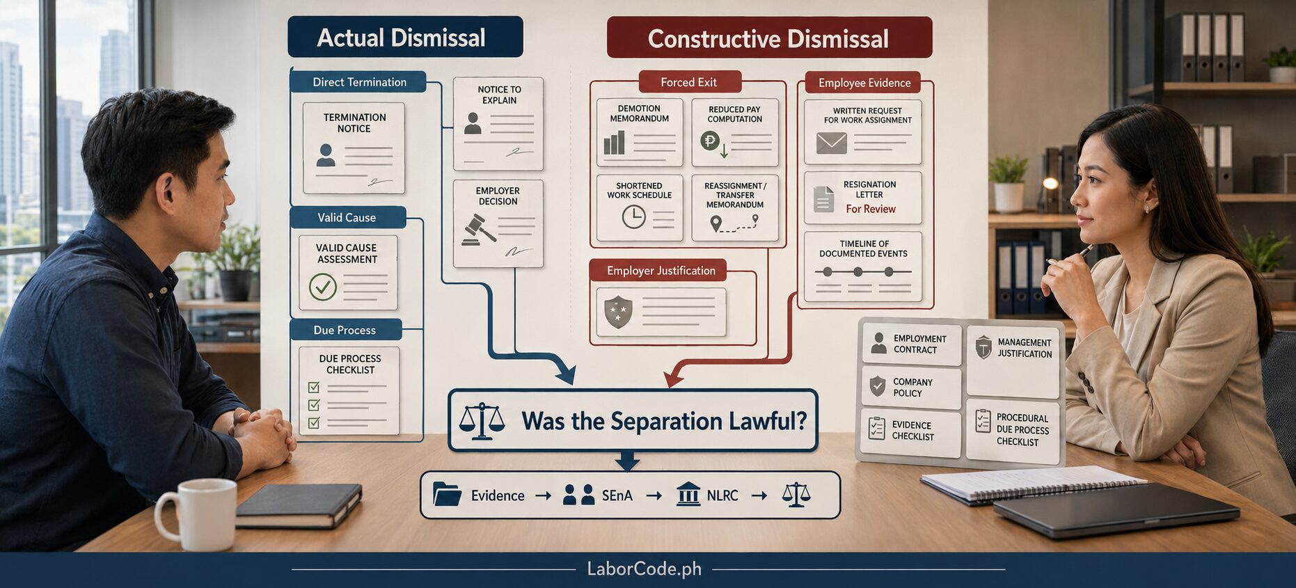 Two professionals discuss forced resignation Philippines at a desk with a flowchart on actual vs constructive dismissal.