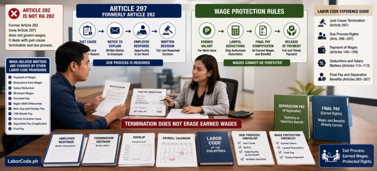 Two people review employment documents; What Article 282 of the Labor Code Says About Wages is shown on-screen.