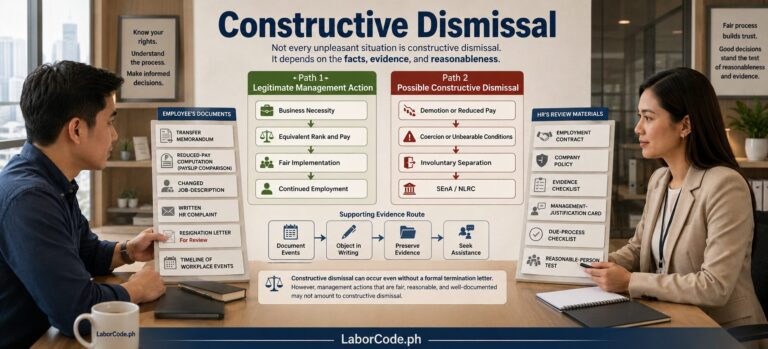 Two professionals discuss what is constructive dismissal in the Philippines with an informational poster between them.