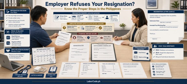 Two people discuss resignation steps, referencing resignation rules Philippines in documents and graphics around them.