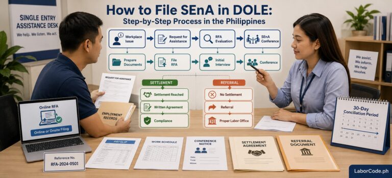 Two people discuss the Step-by-Step SEnA Filing Process in DOLE at a desk with documents and a flowchart displayed.
