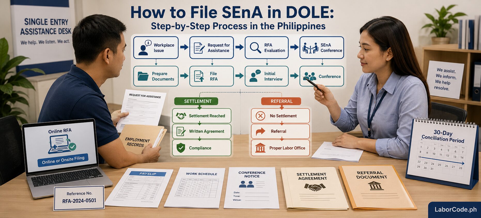 Two people discuss the Step-by-Step SEnA Filing Process in DOLE at a desk with documents and a flowchart displayed.