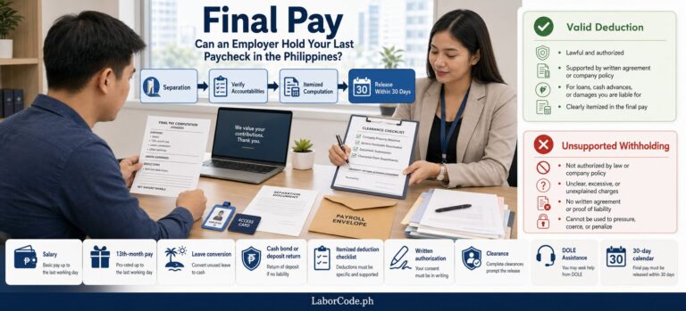 Two professionals review last paycheck Philippines documents, checklists, and payroll paperwork together at a desk.