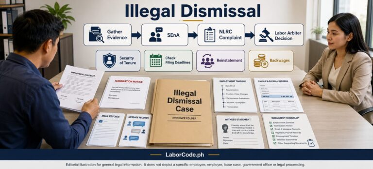Illegal dismissal process in the Philippines showing evidence gathering, SEnA, NLRC filing and possible remedies