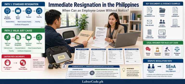 Two people discuss immediate resignation Philippines, surrounded by guidelines and flowcharts at a desk.