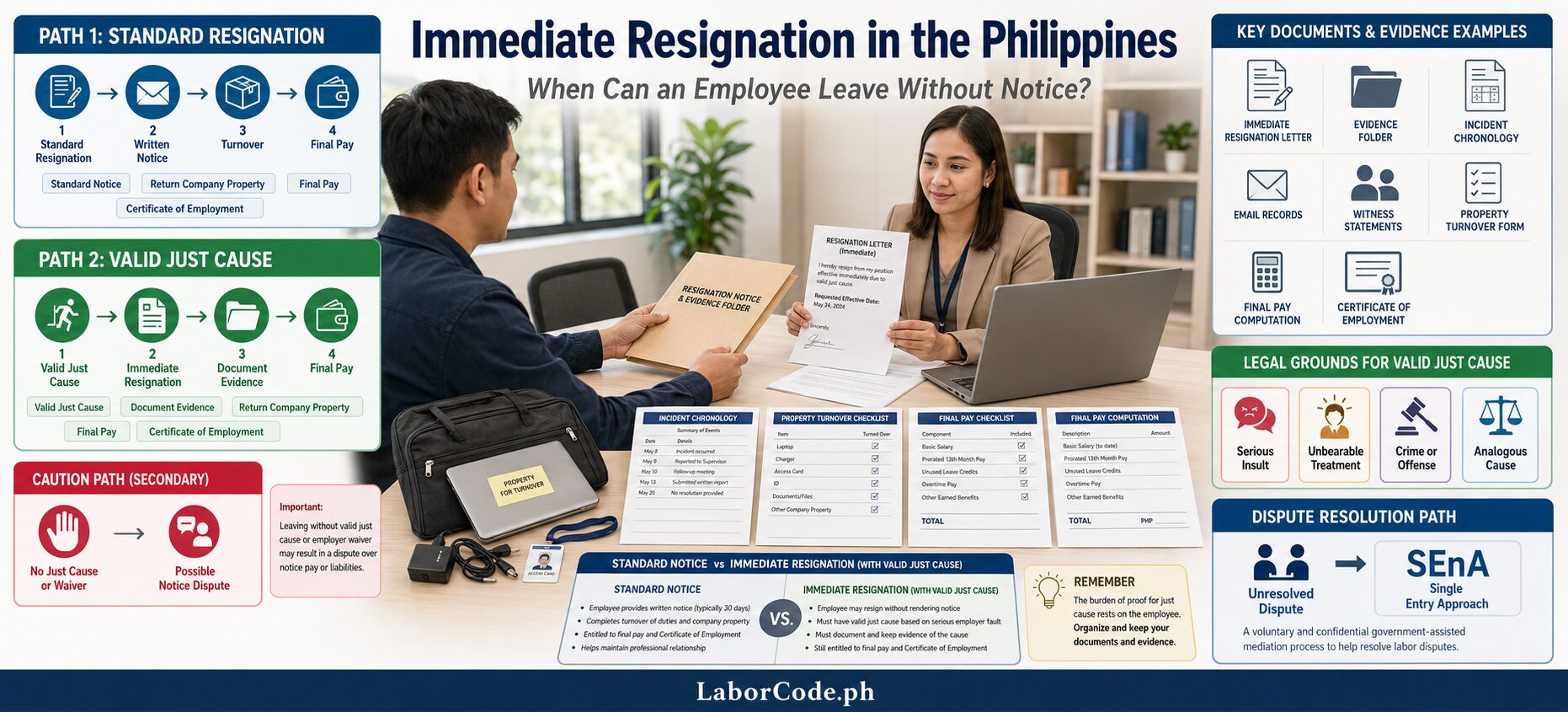 Two people discuss immediate resignation Philippines, surrounded by guidelines and flowcharts at a desk.