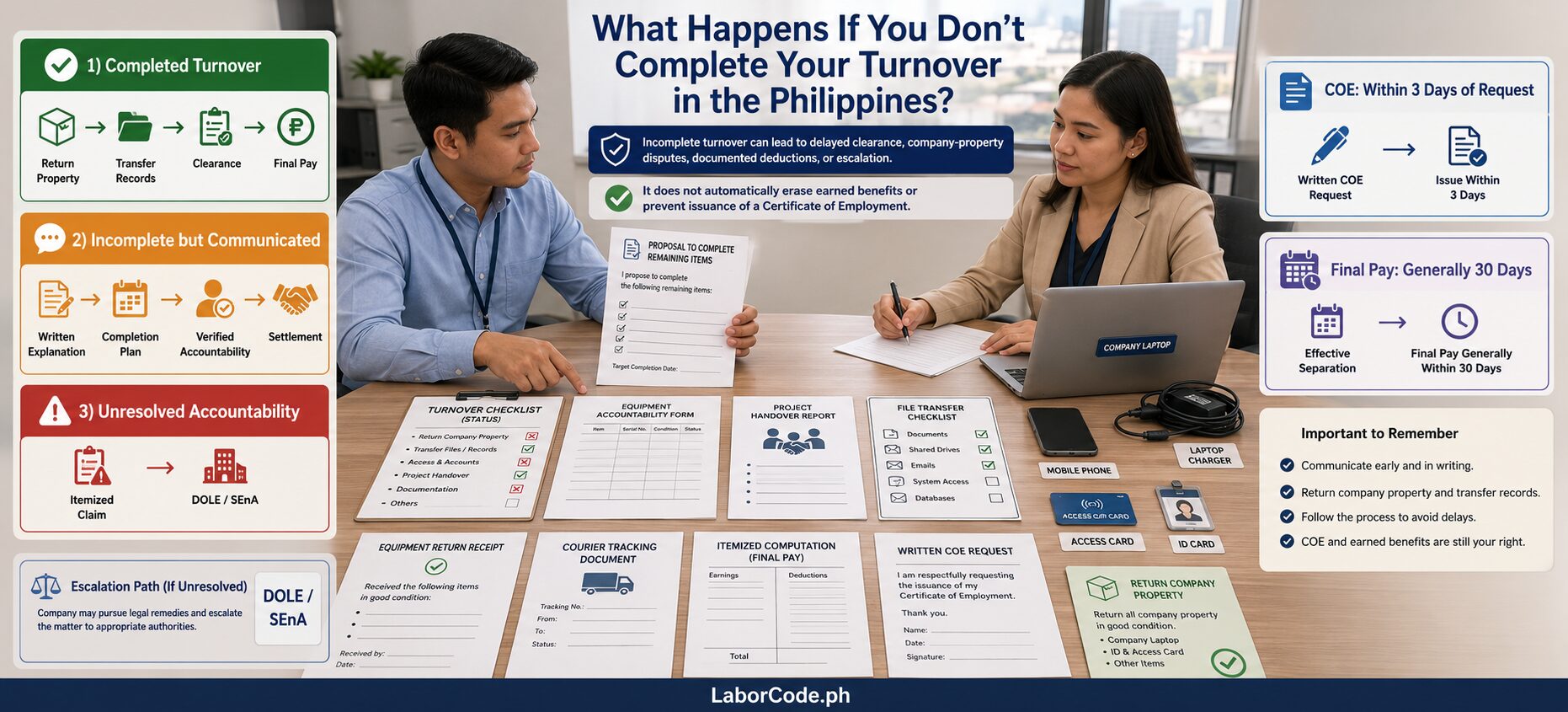 Two people discuss What Happens If You Don’t Complete Your Turnover at a desk with documents and a process chart.