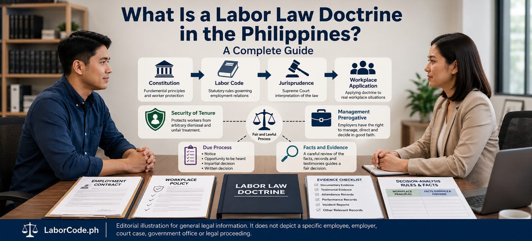 Philippine labor law doctrine connecting the Constitution, Labor Code, jurisprudence and workplace application
