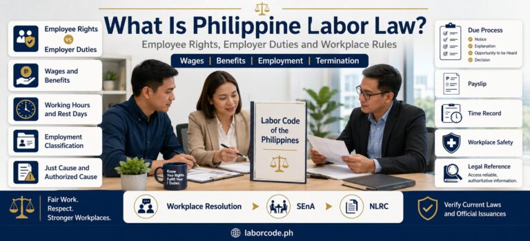Philippine labor law overview showing employees, employers, workplace rights, legal duties and Labor Code guidance