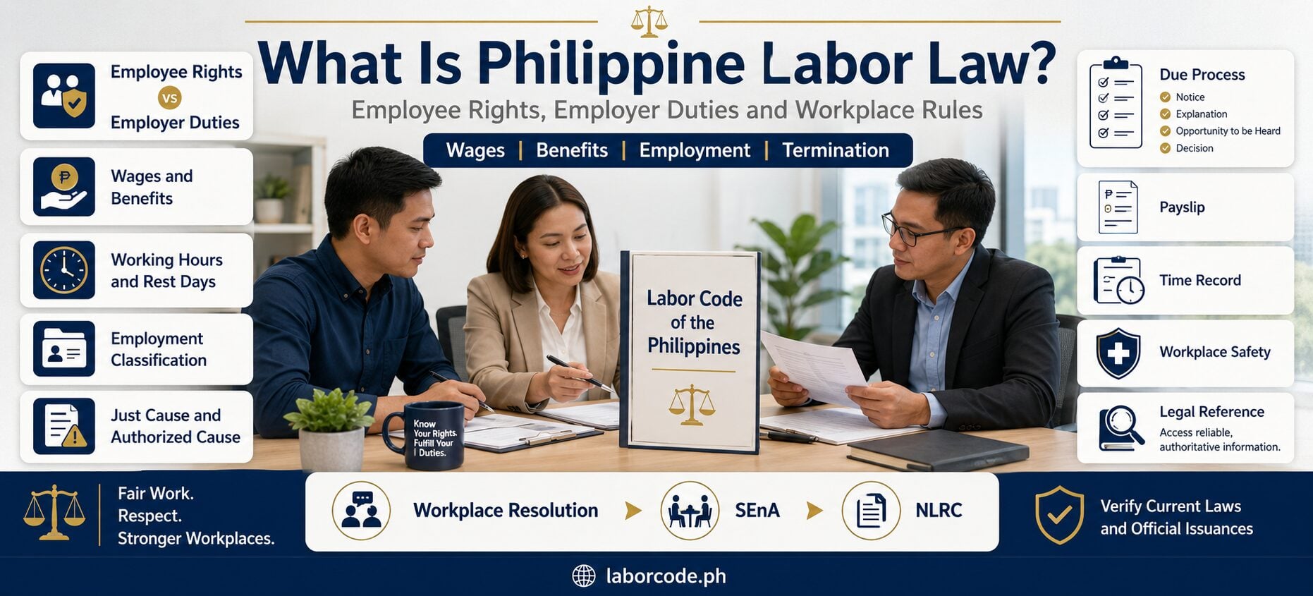 Philippine labor law overview showing employees, employers, workplace rights, legal duties and Labor Code guidance