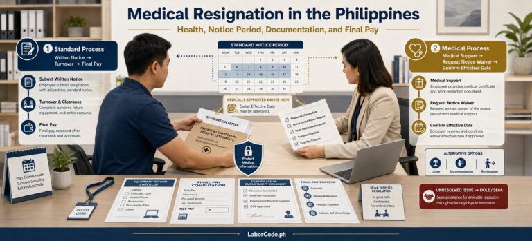 Two professionals discuss resigning due to medical or health conditions, reviewing documents at a desk.
