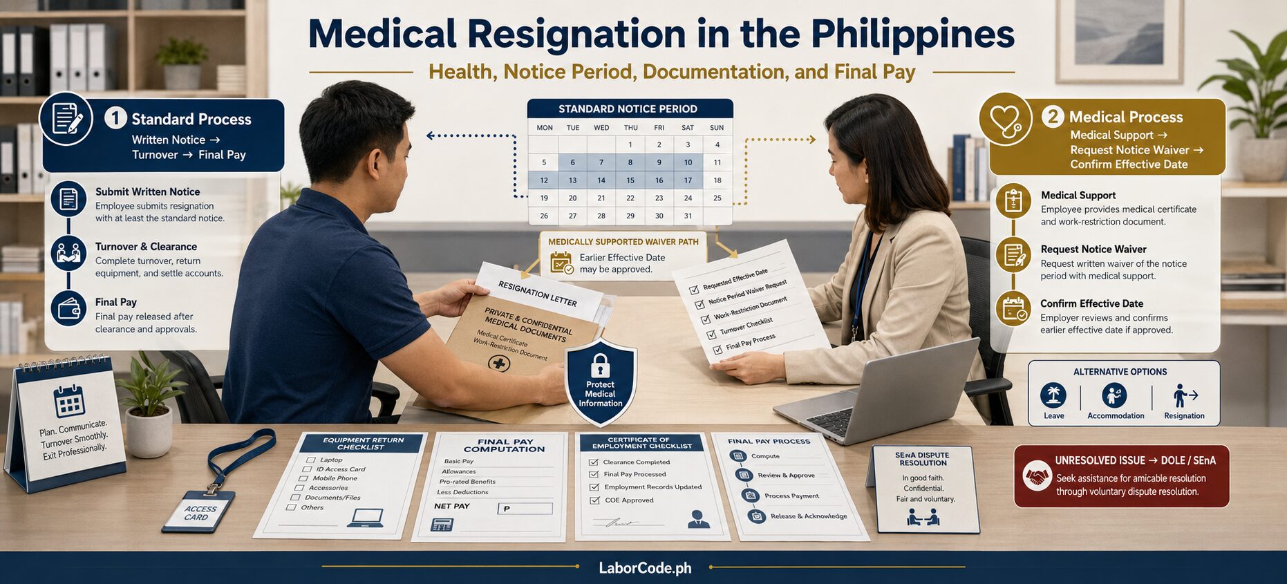 Two professionals discuss resigning due to medical or health conditions, reviewing documents at a desk.