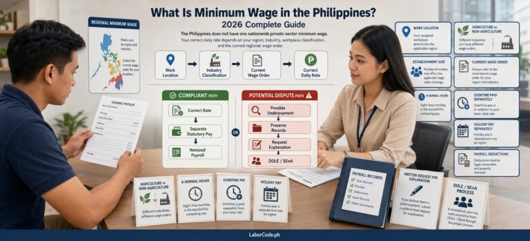 Two people discuss regional minimum wage rates at a desk, with wage charts and guides displayed in the background.