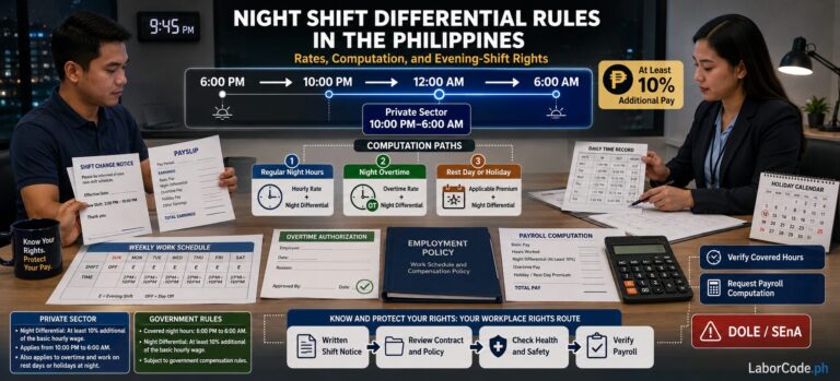 Two people review night shift differential rules when shifting to evening hours in Philippines, with charts and forms.