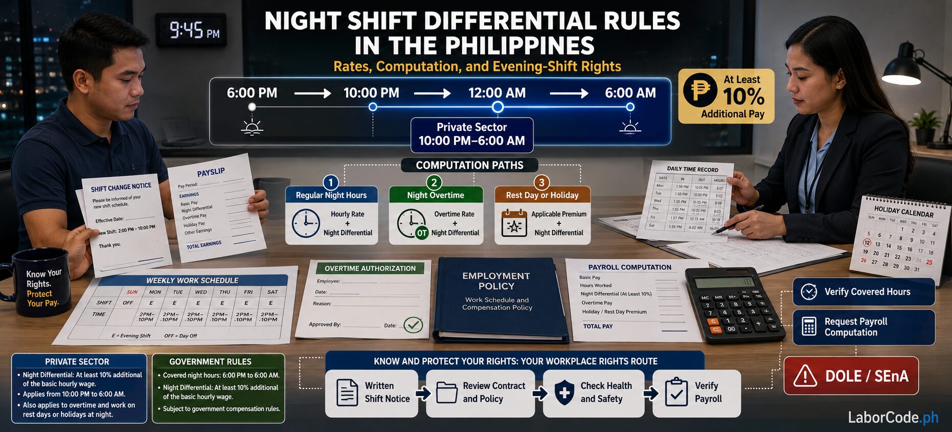 Two people review night shift differential rules when shifting to evening hours in Philippines, with charts and forms.
