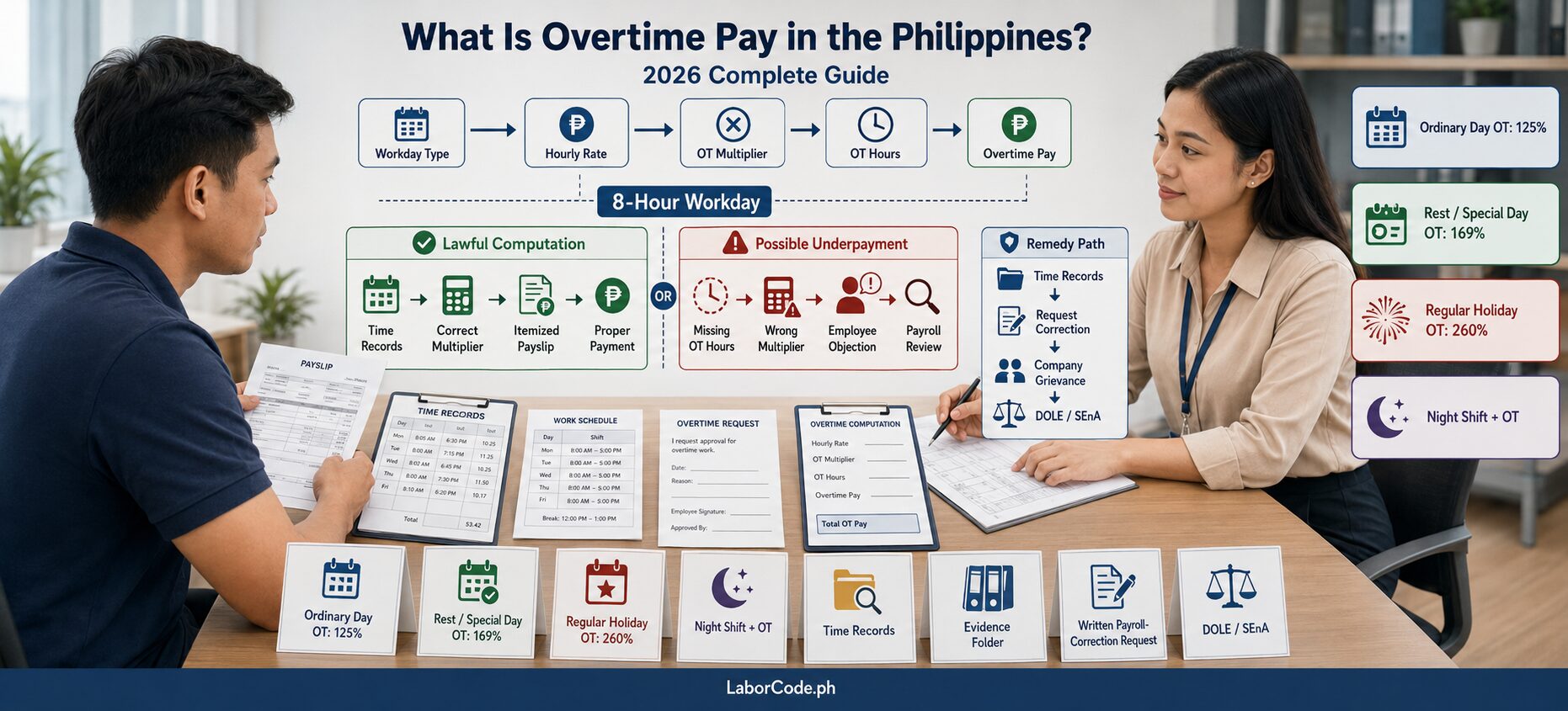 Two people discuss documents at a desk; a chart details overtime rate Philippines under Article 87 Labor Code.