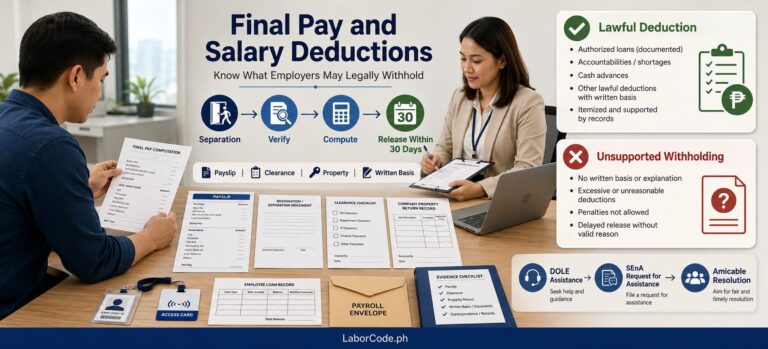 Infographic explains salary deduction rules and unsupported salary withholdings after separation.