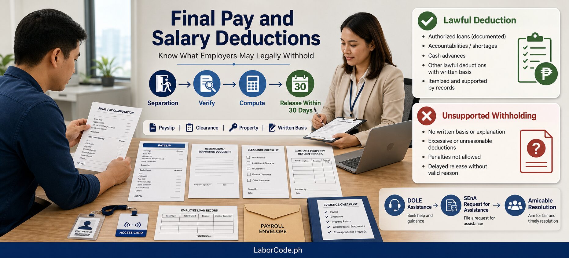 Infographic explains salary deduction rules and unsupported salary withholdings after separation.