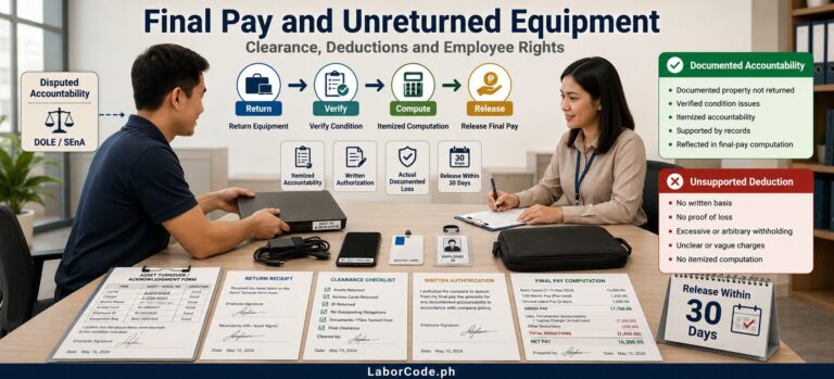 Two employees discuss final pay Philippines, employer withholding, and unreturned equipment at a document-filled desk.