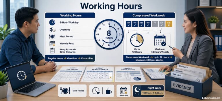 Two people discuss working hours Philippines at a desk with charts on regular and compressed workweek rules.