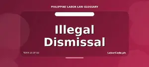 Slide explains the illegal dismissal meaning under Philippine labor law, from LaborCode.ph’s glossary, term 20 of 60.