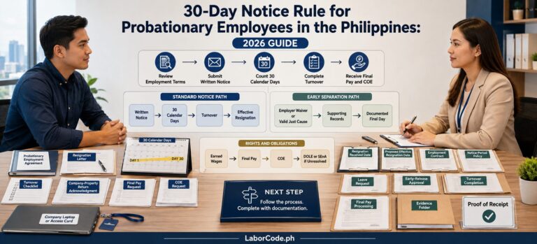 Two professionals explain the 30-Day Notice Rule for Probationary Employees in the Philippines on an info board.