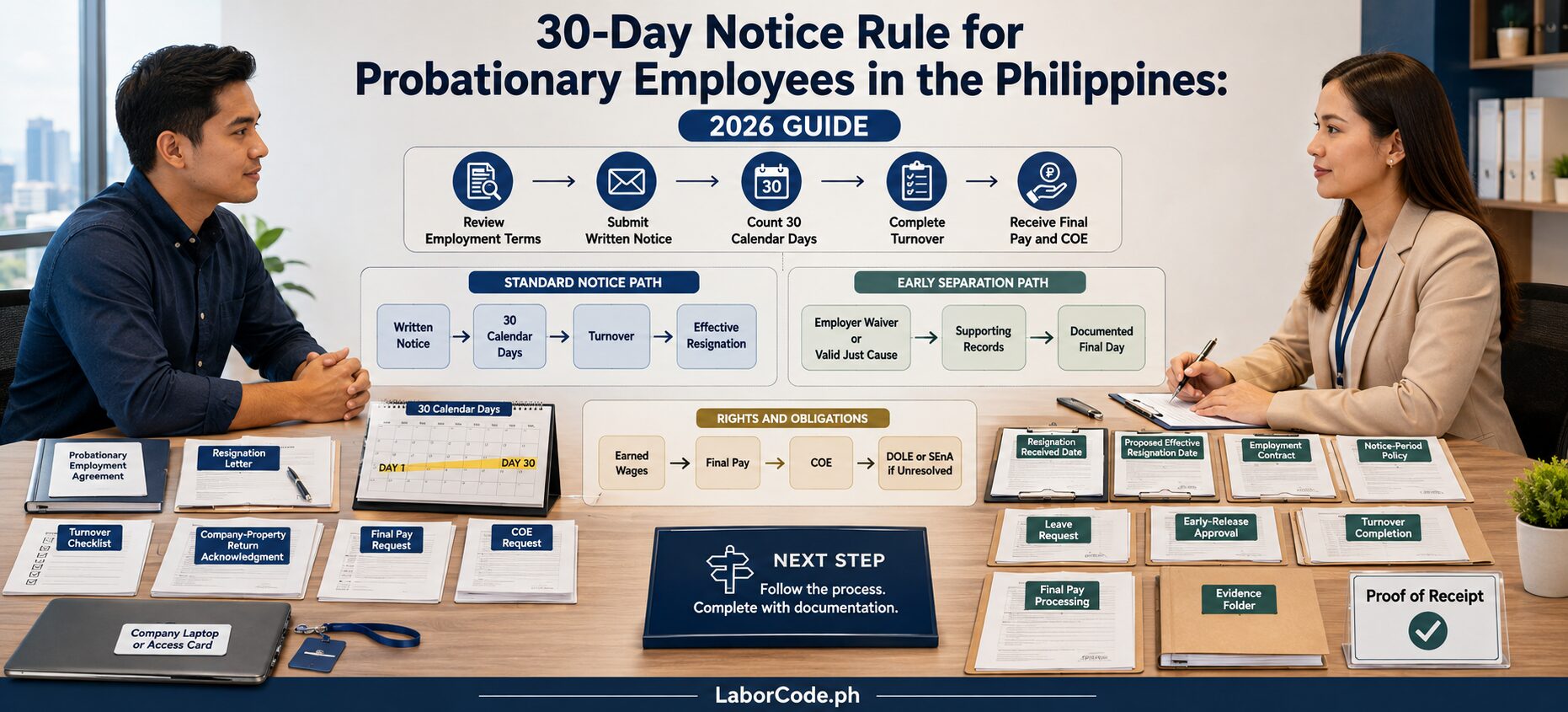 Two professionals explain the 30-Day Notice Rule for Probationary Employees in the Philippines on an info board.