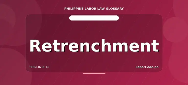 The word Retrenchment is shown on red, defining retrenchment meaning in the Philippine labor law glossary.