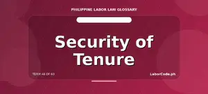 Glossary card on Philippine labor law: Security of Tenure meaning, term 48 of 60, on a red background.