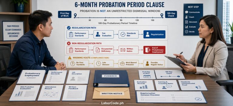 Two professionals discuss what is the 6-month probation period clause in the Philippines using charts and forms.
