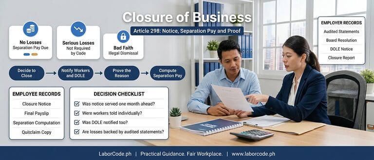 An HR manager and an employee review a closure notice while an infographic sets out the Article 298 rules on notice, separation pay and proof of serious business losses.