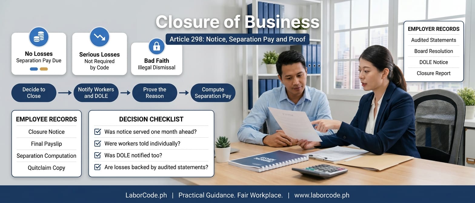 An HR manager and an employee review a closure notice while an infographic sets out the Article 298 rules on notice, separation pay and proof of serious business losses.