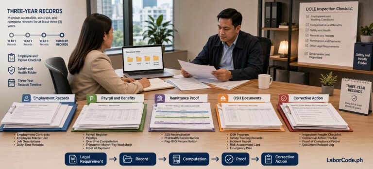 Two people discuss the Complete Checklist of Documents for DOLE Labor Inspection at a desk with organized records.