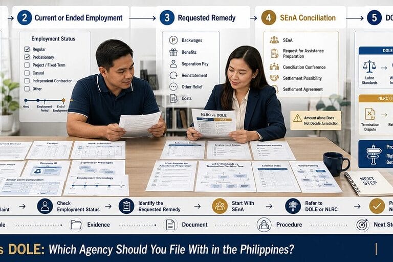 Worker reviewing documents to decide whether to file a Philippine labor complaint with DOLE or the NLRC