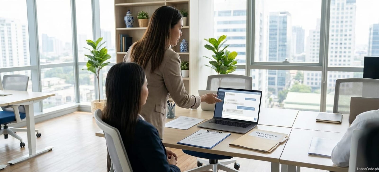 Filipino office employees reviewing a written company AI tool use policy at a desk