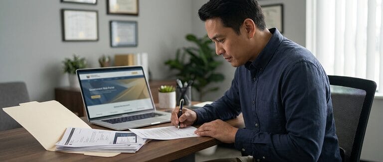 A person reviewing and preparing a formal complaint document with supporting evidence, illustrating the process of filing a data privacy complaint with the National Privacy Commission in the Philippines.