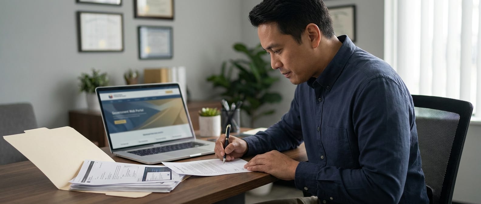 A person reviewing and preparing a formal complaint document with supporting evidence, illustrating the process of filing a data privacy complaint with the National Privacy Commission in the Philippines.