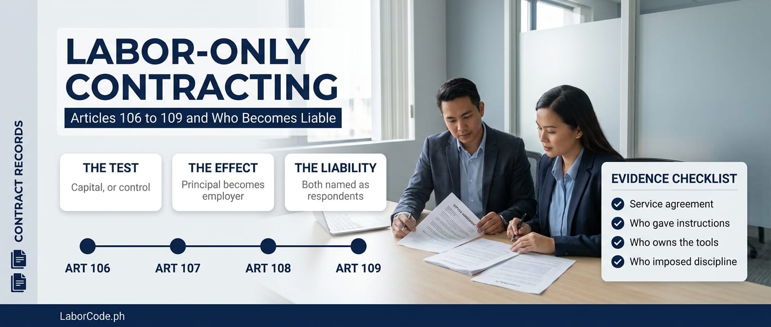 Labor-only contracting guide: the elements test, the principal as employer, and solidary liability under Articles 106 to 109