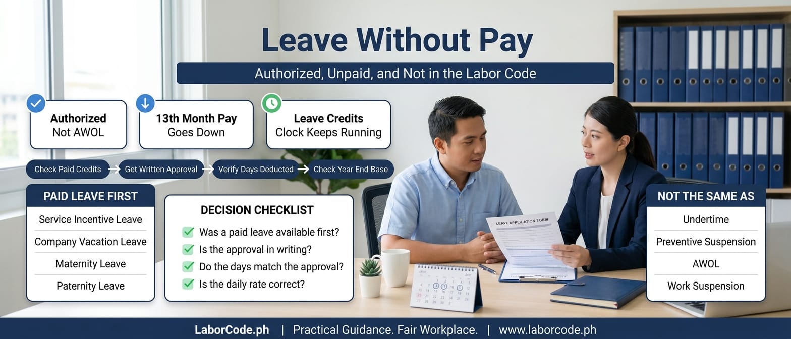 An HR officer and an employee review a leave application while an infographic explains leave without pay, its effect on 13th-month pay and how it differs from AWOL.