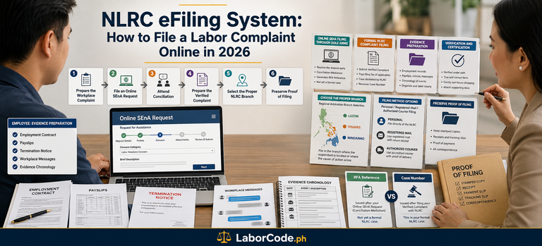 Two people discuss the NLRC eFiling System process, reviewing guides and documents for a labor complaint.