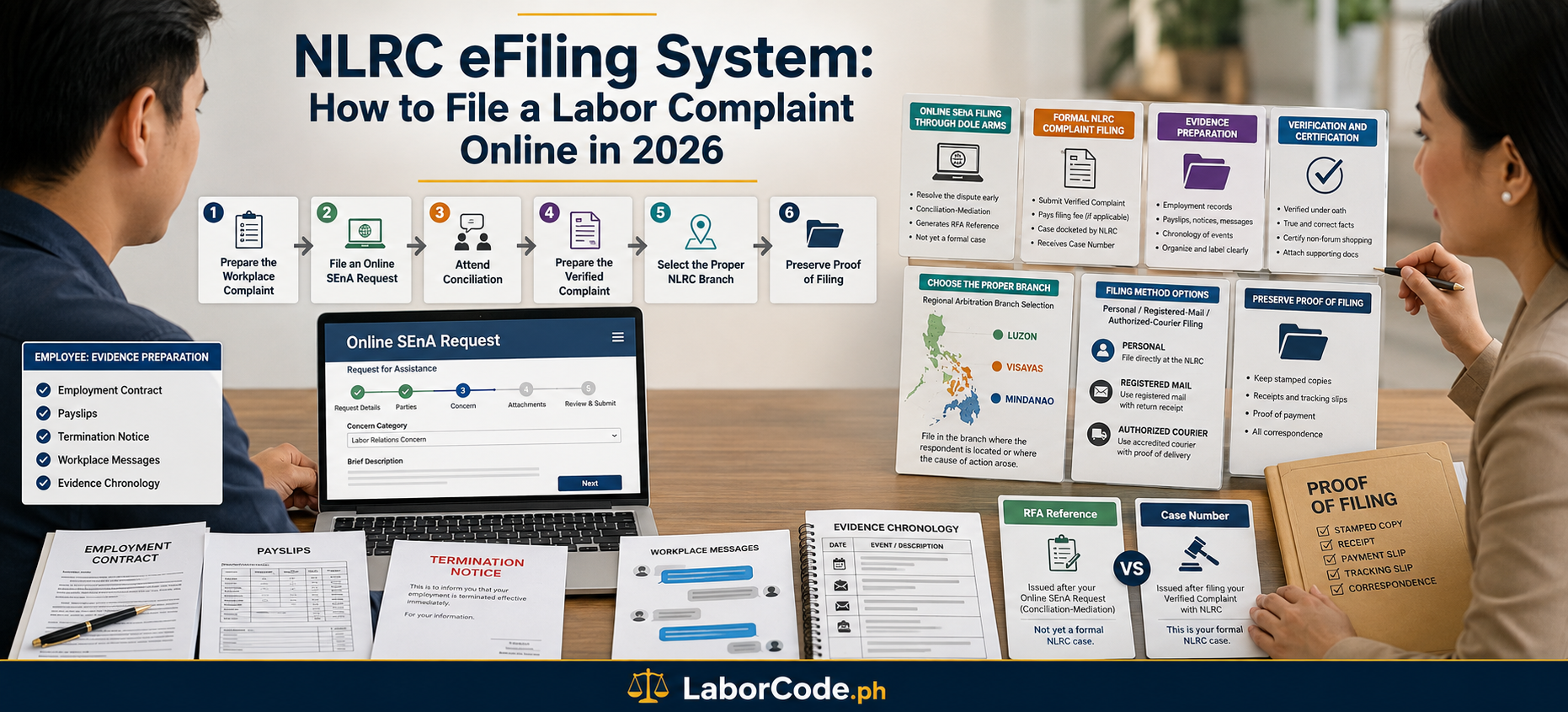 Two people discuss the NLRC eFiling System process, reviewing guides and documents for a labor complaint.