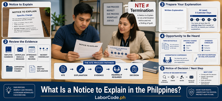 Two people review what is a notice to explain in the Philippines, with steps and guidelines outlined around them.